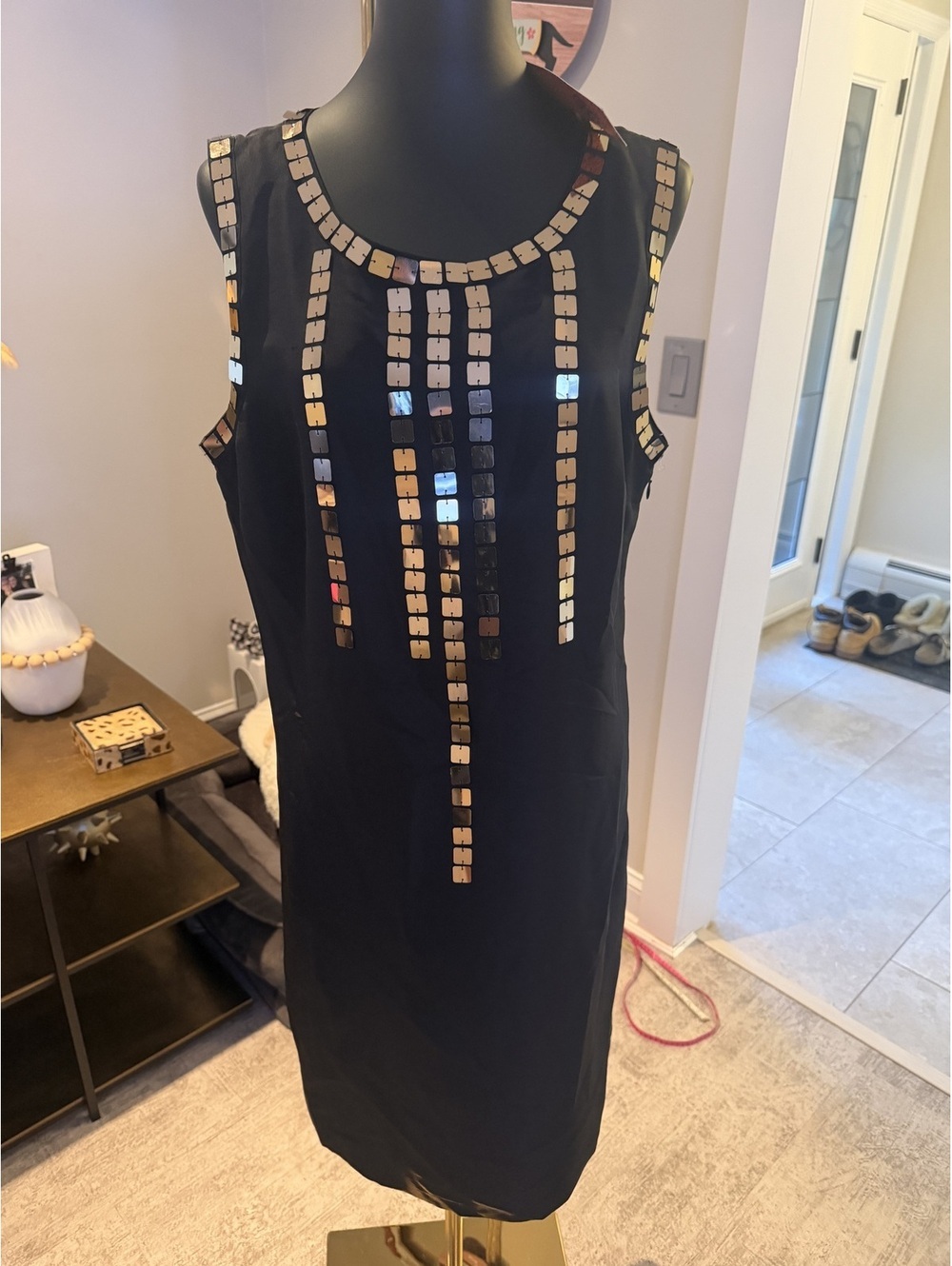 NWT Tory Burch Gillies Black Silk Shift Embellished Metallic Maxi dress 14